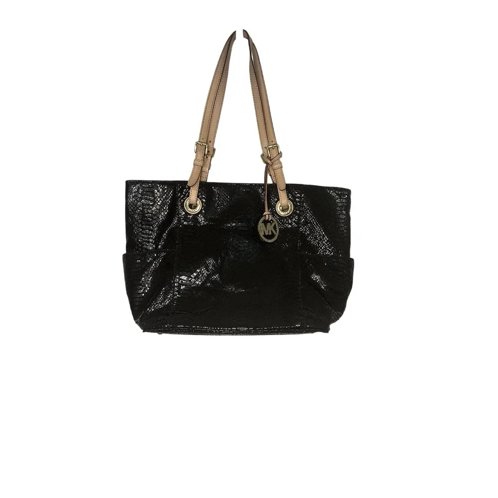 Michael Kors Womens Shoulder Tote Handbag Purse Medium Black Snake Print Leather